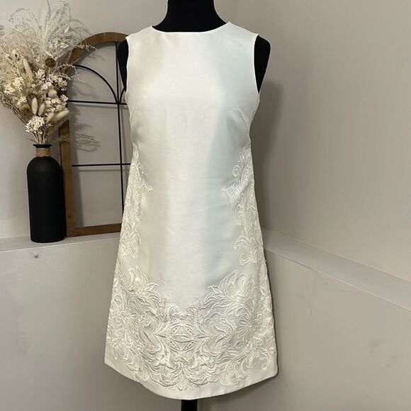 Galina NWT Mikado Ivory Lace Sequin Knee Length Bridal Rehearsal Dress - Picture 2 of 9